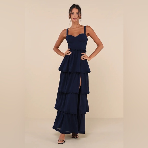 Lulus Dresses & Skirts - Lulus Sophisticated Occasion Navy Blue Bustier Lace-Up Maxi Dress